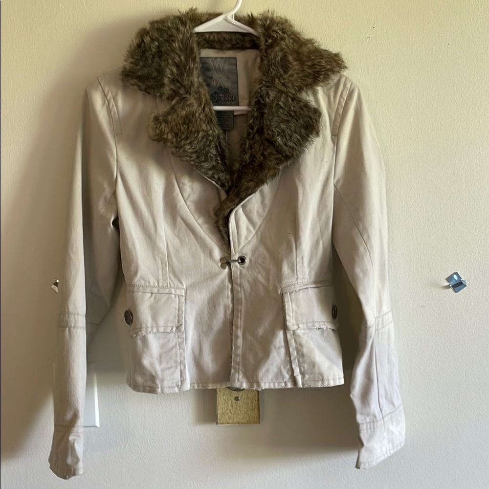 Women's Cream Jacket with Faux Fur Collar
